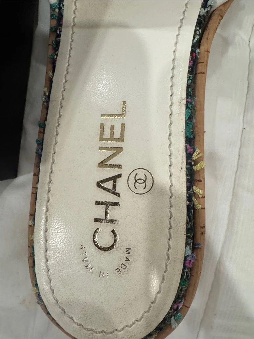 CHANEL Multicolor Tweed & White Trim Logo Slide Mules